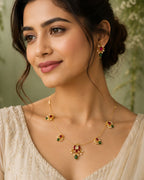Lotus Wire Necklace with Pearl Drops & Red Green Stones | 18K Gold Plated Festive Temple Necklace