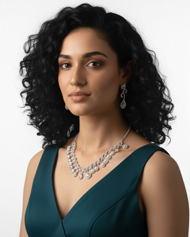 Teardrop Halo CZ Necklace Set | Rhodium-Plated White Stone Cubic Zirconia Diamond-Look Cocktail Jewellery Hover Image