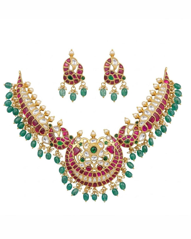 Morvaara Emerald Kundan Bridal Set | 18K Gold Plated Red, White & Green Stone Statement Jewellery Hover Image