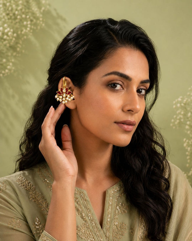 Premium Kundan & Pearl Bugadi Ear Cuffs | Traditional & Festive Jewellery Cubic Zirconia Alloy Cuff Earring, Drops & Danglers Main Image