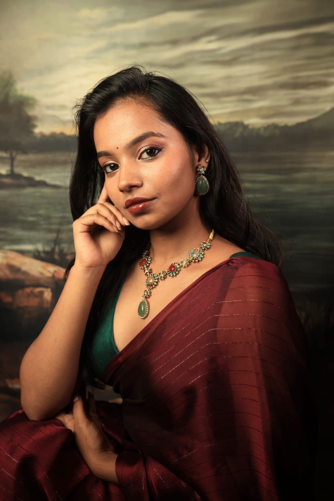 Mehrunisa Heritage Pendant Necklace Set | Antique Gold Plated Green Stone Statement Jewellery