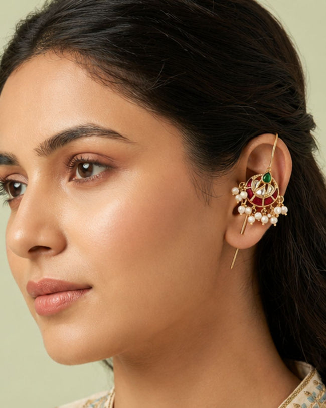 Vira Temple Pearl Ear Cuff | Temple Design Sui Dhaaga Stick Earrings | 18K Gold Plated Jewellery Main Image
