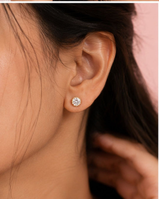 Celeste Halo Solitaire Stud Earrings | Gold-Plated CZ Studs Main Image