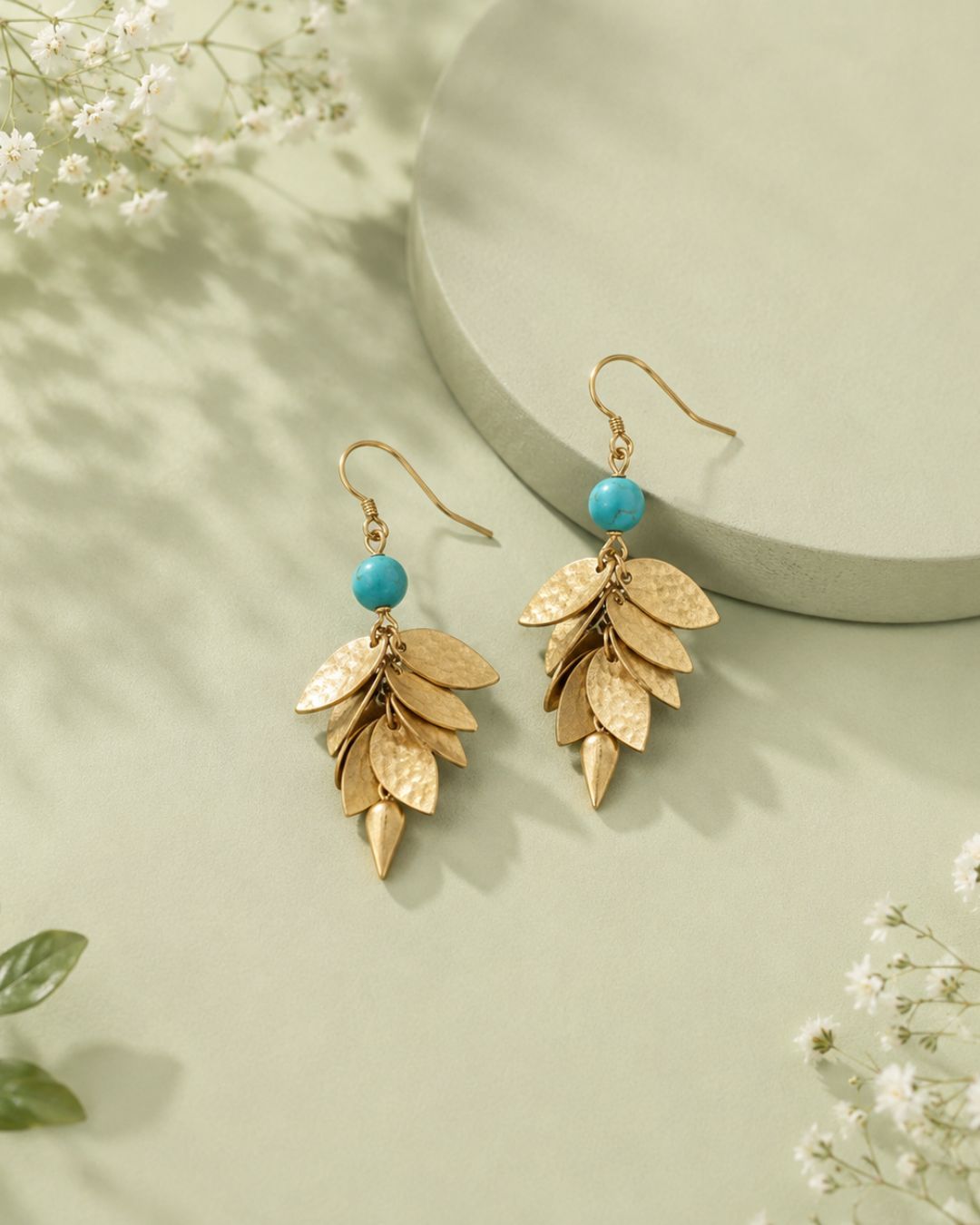 Turquoise Leaf Cascade Drop Earrings | Gold-Tone Statement Earrings