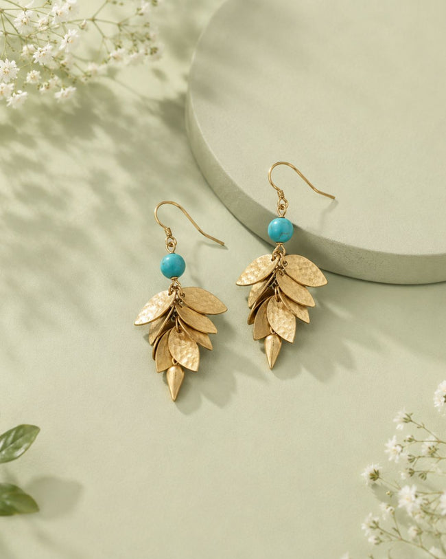 Turquoise Leaf Cascade Drop Earrings | Gold-Tone Statement Earrings Main Image