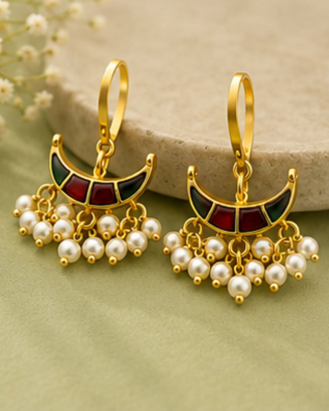 Noor Arc Enamel Pearl Ear Cuffs | Bugadi Style Enamel & Pearl Ear Cuffs | Traditional & Festive Statement Jewellery Hover Image