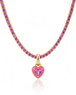 Pink Heart Tennis Chain Necklace | Premium Anti-Tarnish Heart Pendant Necklace | Trendy Everyday Statement Jewellery