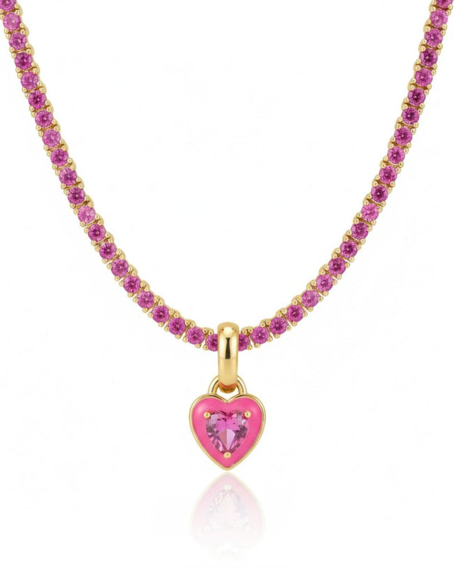 Pink Heart Tennis Chain Necklace | Premium Anti-Tarnish Heart Pendant Necklace | Trendy Everyday Statement Jewellery Hover Image