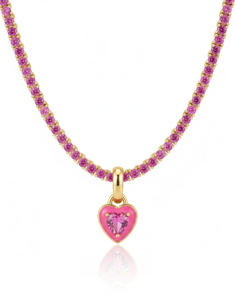 Pink Heart Tennis Chain Necklace | Premium Anti-Tarnish Heart Pendant Necklace | Trendy Everyday Statement Jewellery