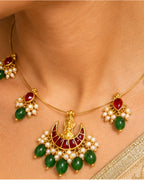 Lakshmi Kundan Pearl Wire Necklace | Temple Festive Jewellery | 18K Gold Plated Ruby & Pearl Necklace