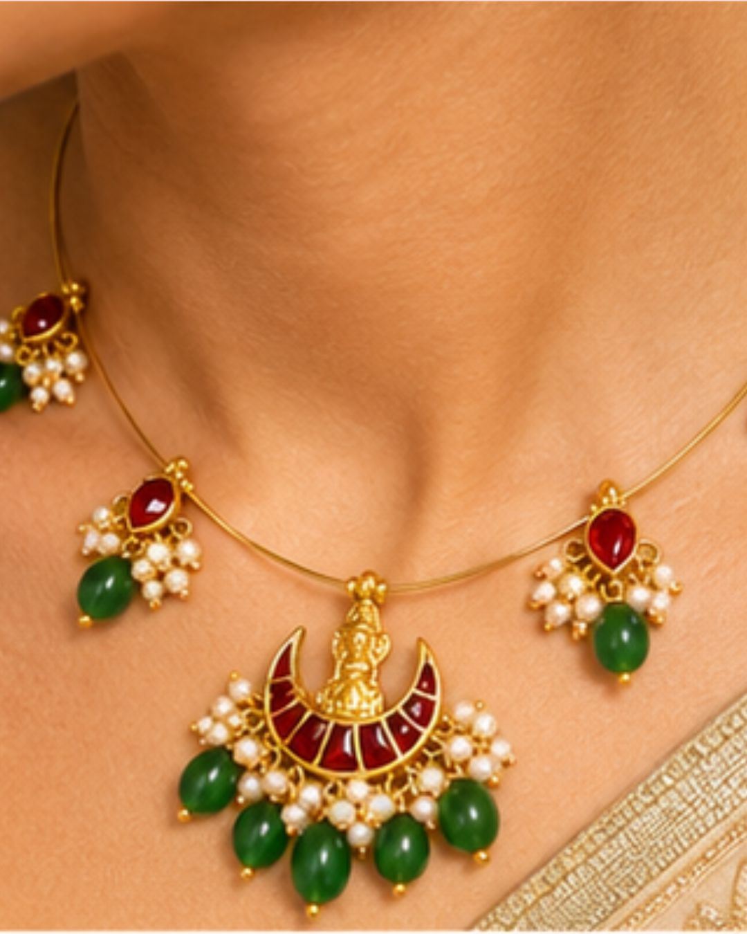 Lakshmi Kundan Pearl Wire Necklace | Temple Festive Jewellery | 18K Gold Plated Ruby & Pearl Necklace