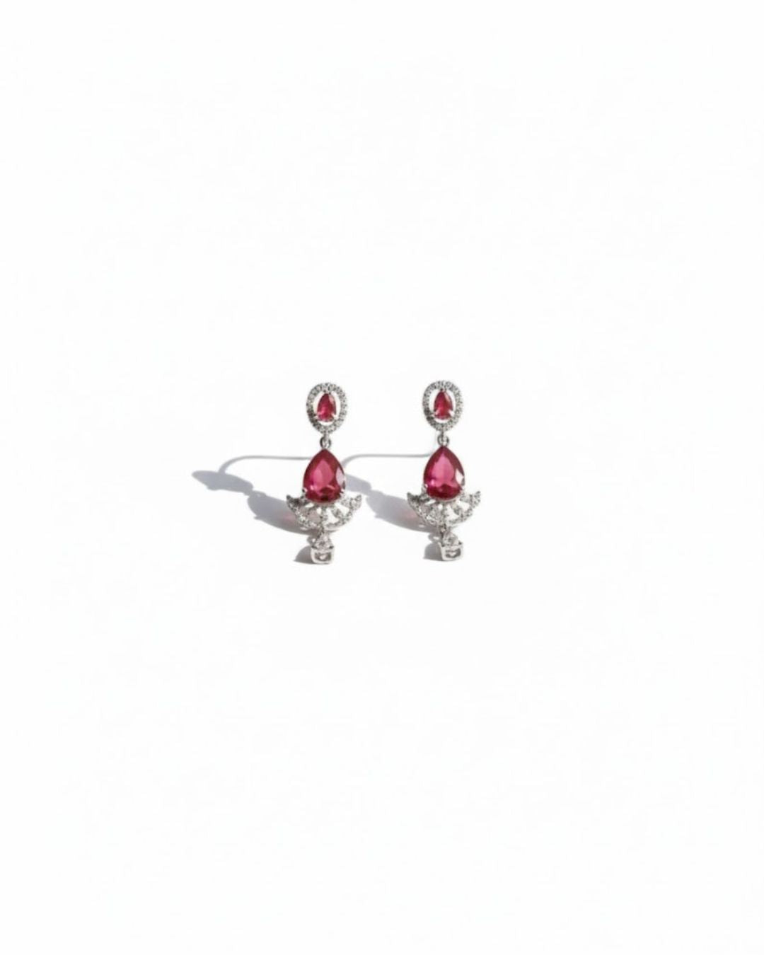 Ruby Teardrop CZ Necklace Set | Rhodium-Plated Red & White Cubic Zirconia Festive Statement Jewellery