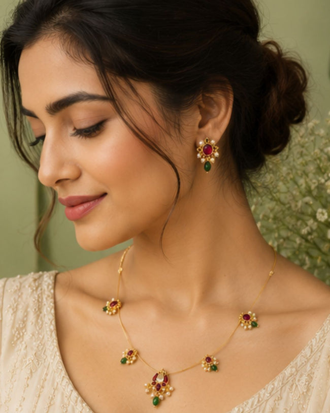 Lotus Wire Necklace with Pearl Drops & Red Green Stones | 18K Gold Plated Festive Temple Necklace Hover Image