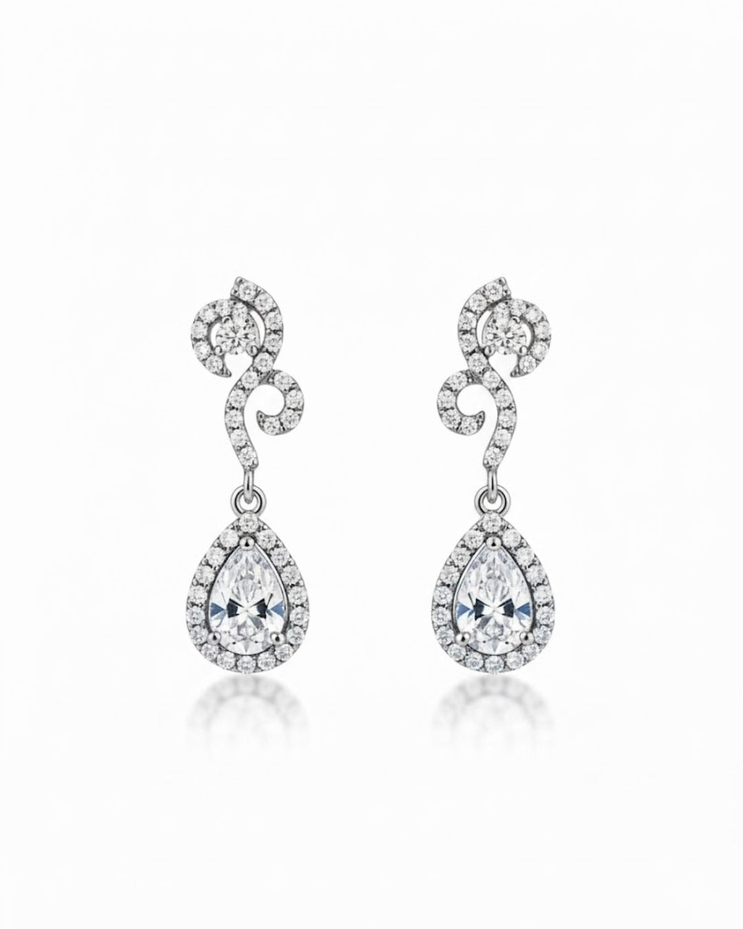 Teardrop Halo CZ Necklace Set | Rhodium-Plated White Stone Cubic Zirconia Diamond-Look Cocktail Jewellery