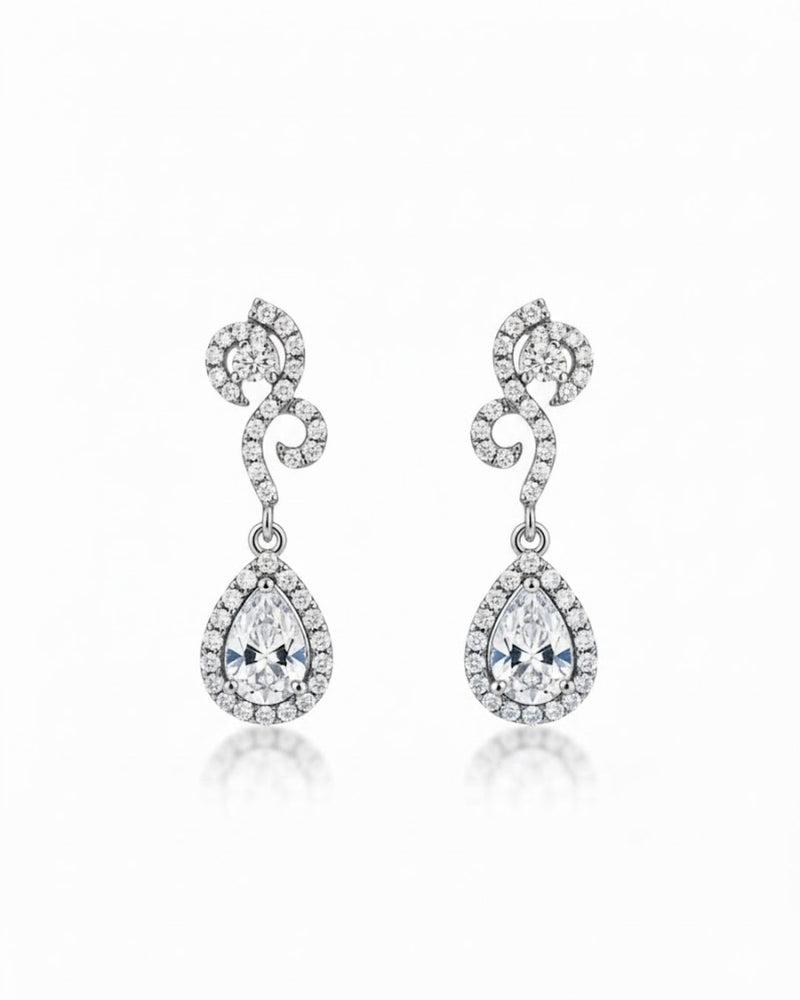 Teardrop Halo CZ Necklace Set | Rhodium-Plated White Stone Cubic Zirconia Diamond-Look Cocktail Jewellery