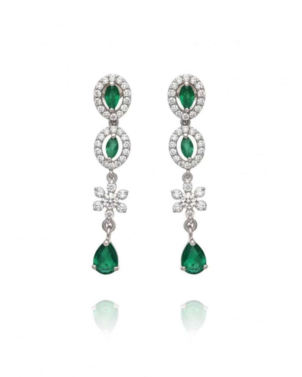 Emerald Fringe CZ Necklace Set | Rhodium-Plated Green & White Cubic Zirconia Cocktail Statement Jewellery