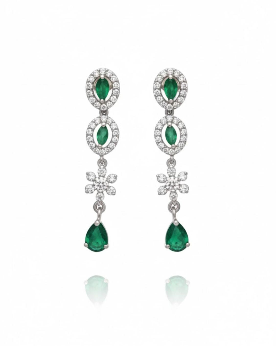 Emerald Fringe CZ Necklace Set | Rhodium-Plated Green & White Cubic Zirconia Cocktail Statement Jewellery