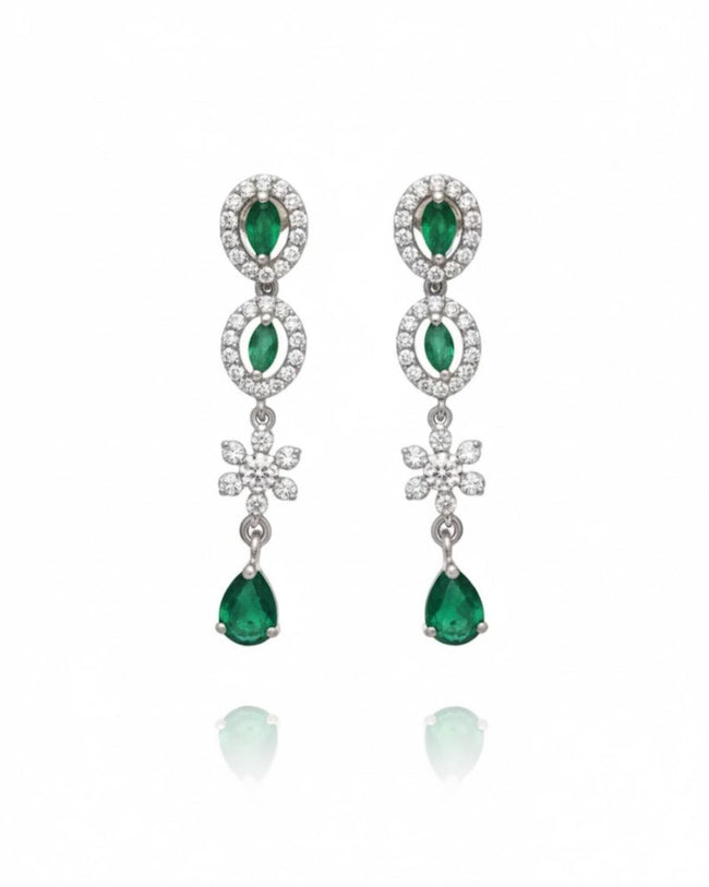 Emerald Fringe CZ Necklace Set | Rhodium-Plated Green & White Cubic Zirconia Cocktail Statement Jewellery Main Image