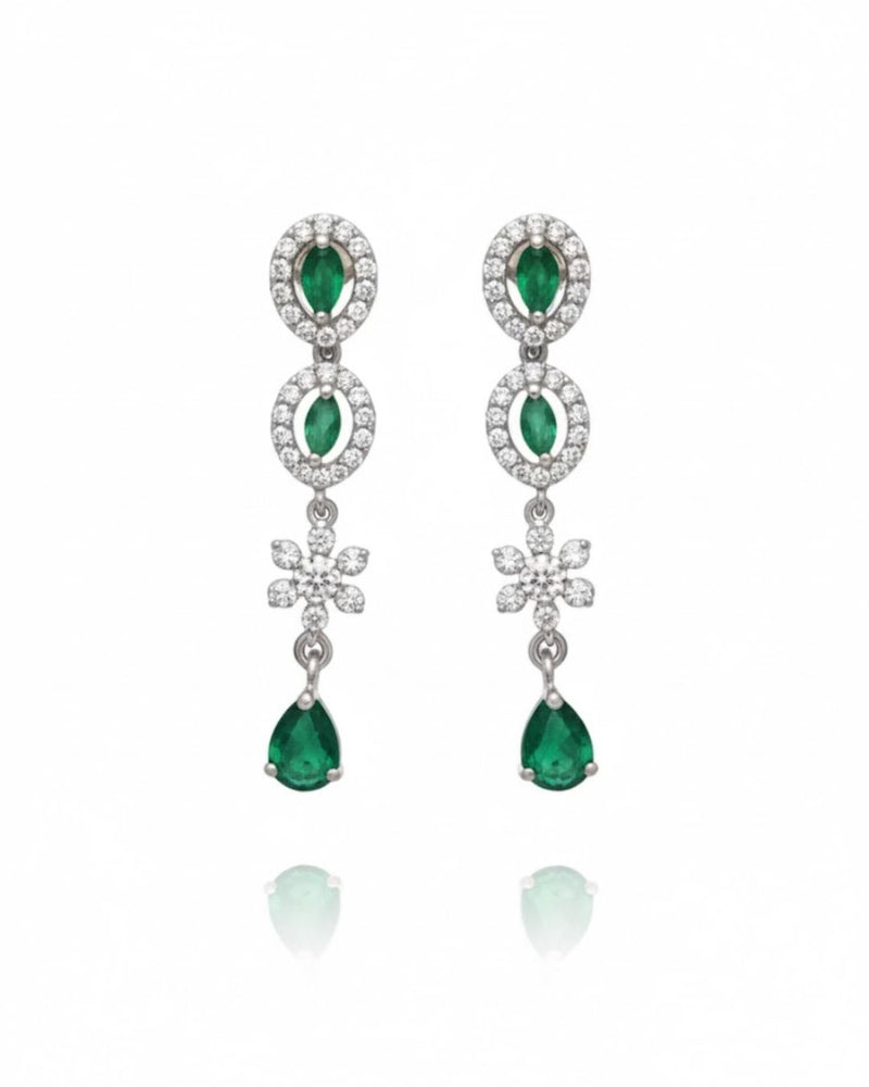 Emerald Fringe CZ Necklace Set | Rhodium-Plated Green & White Cubic Zirconia Cocktail Statement Jewellery