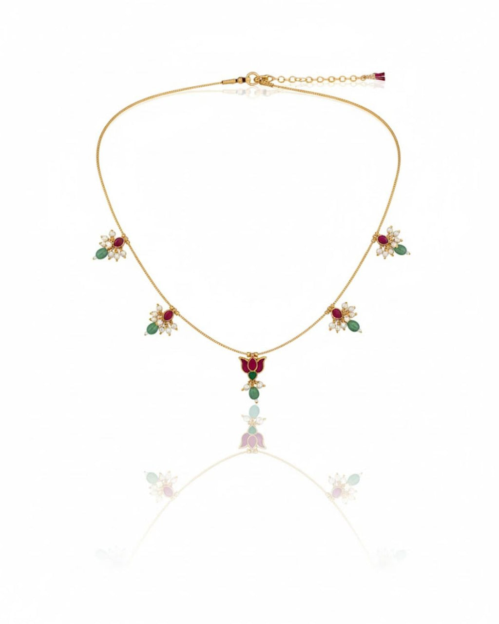Red Green White Kundan Wire Necklace with Lotus Design | 18K Gold Plated Traditional Jewellery