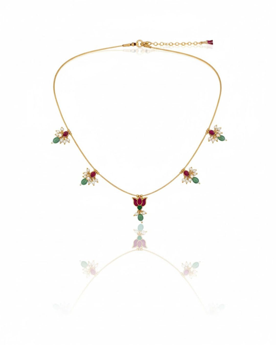 Red Green White Kundan Wire Necklace with Lotus Design | 18K Gold Plated Traditional Jewellery