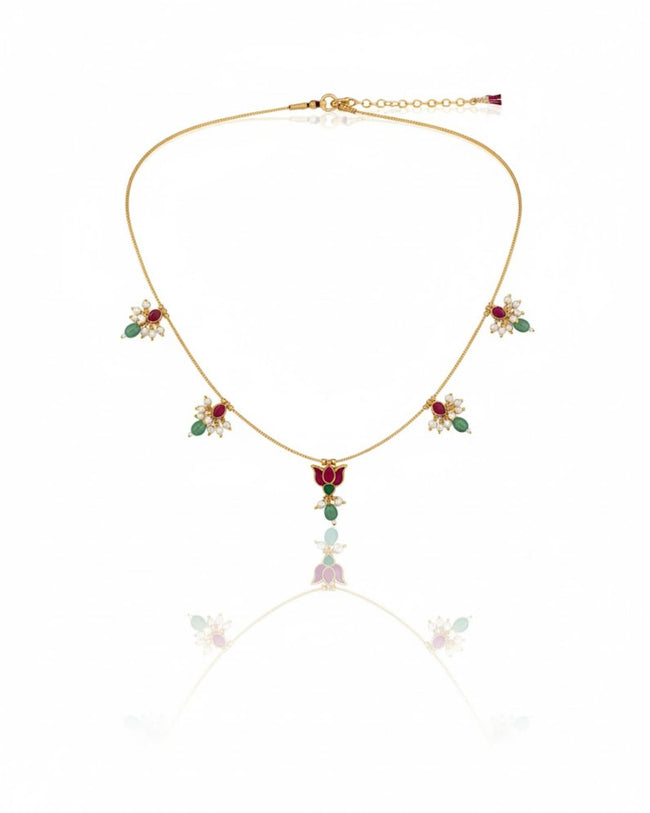 Red Green White Kundan Wire Necklace with Lotus Design | 18K Gold Plated Traditional Jewellery Hover Image