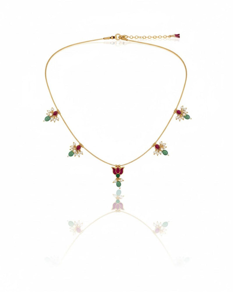 Red Green White Kundan Wire Necklace with Lotus Design | 18K Gold Plated Traditional Jewellery