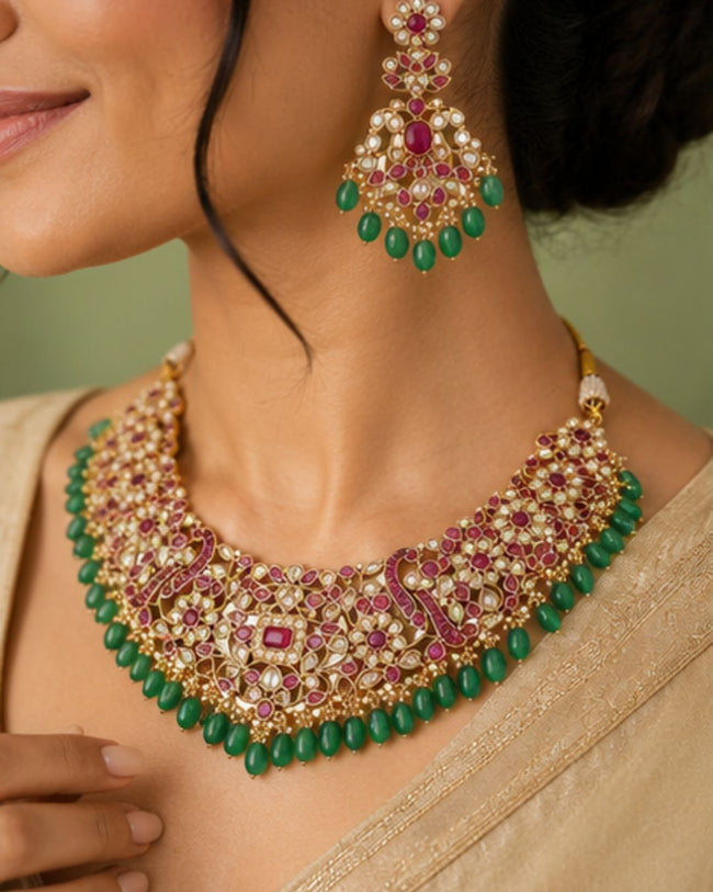 Zarmina Polki Emerald Bridal Necklace Set | 18K Gold Plated Green Beads, Red & White Stone Statement Jewellery Hover Image