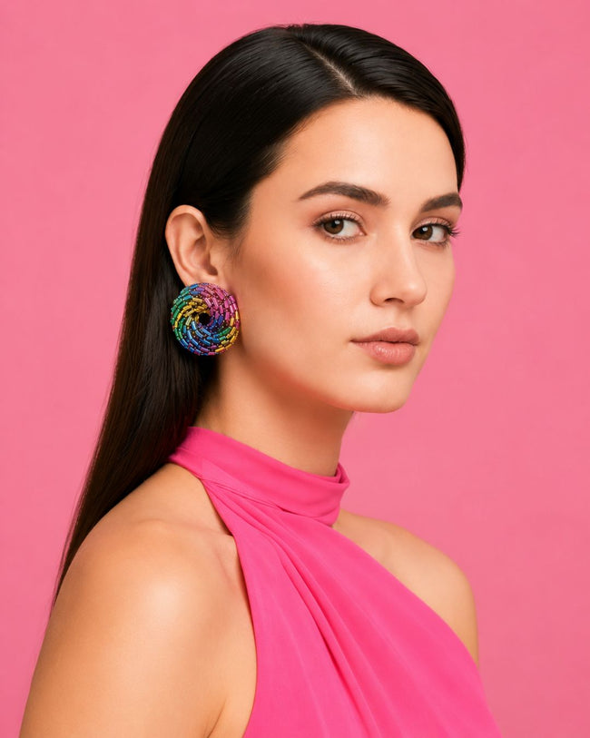 Prism Spiral Statement Earrings | Hand-Beaded Multi-Color & Silver Disc Earrings Main Image