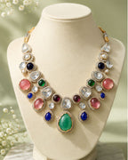 Sabhyaraa Royal Navratna Kundan Bridal Set (Necklace & Earrings) | Heavy 18K Gold Plated Jewellery