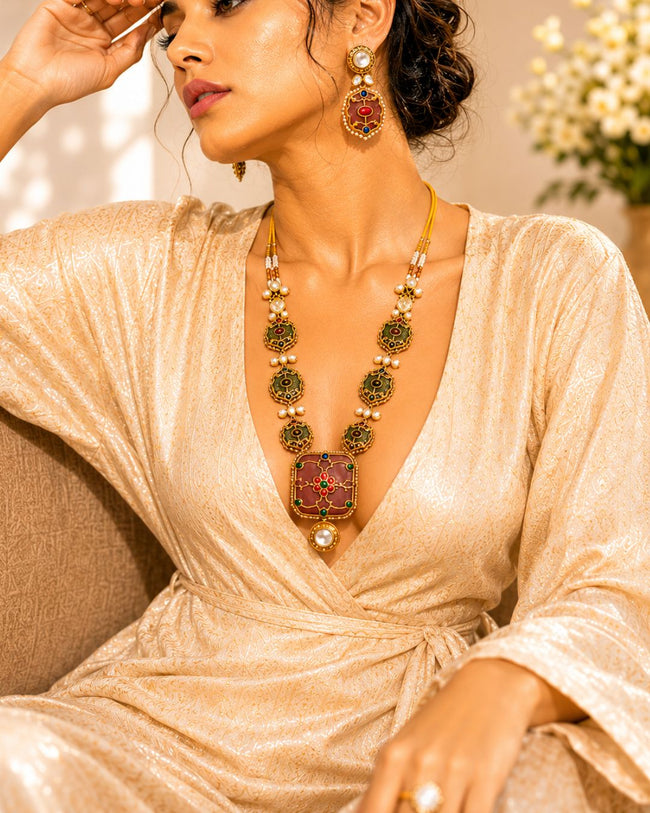 Rang Mahal Pink & Green Kundan Necklace Set | Multi-Color 18K Gold Plated Bridal & Festive Statement Jewellery Main Image