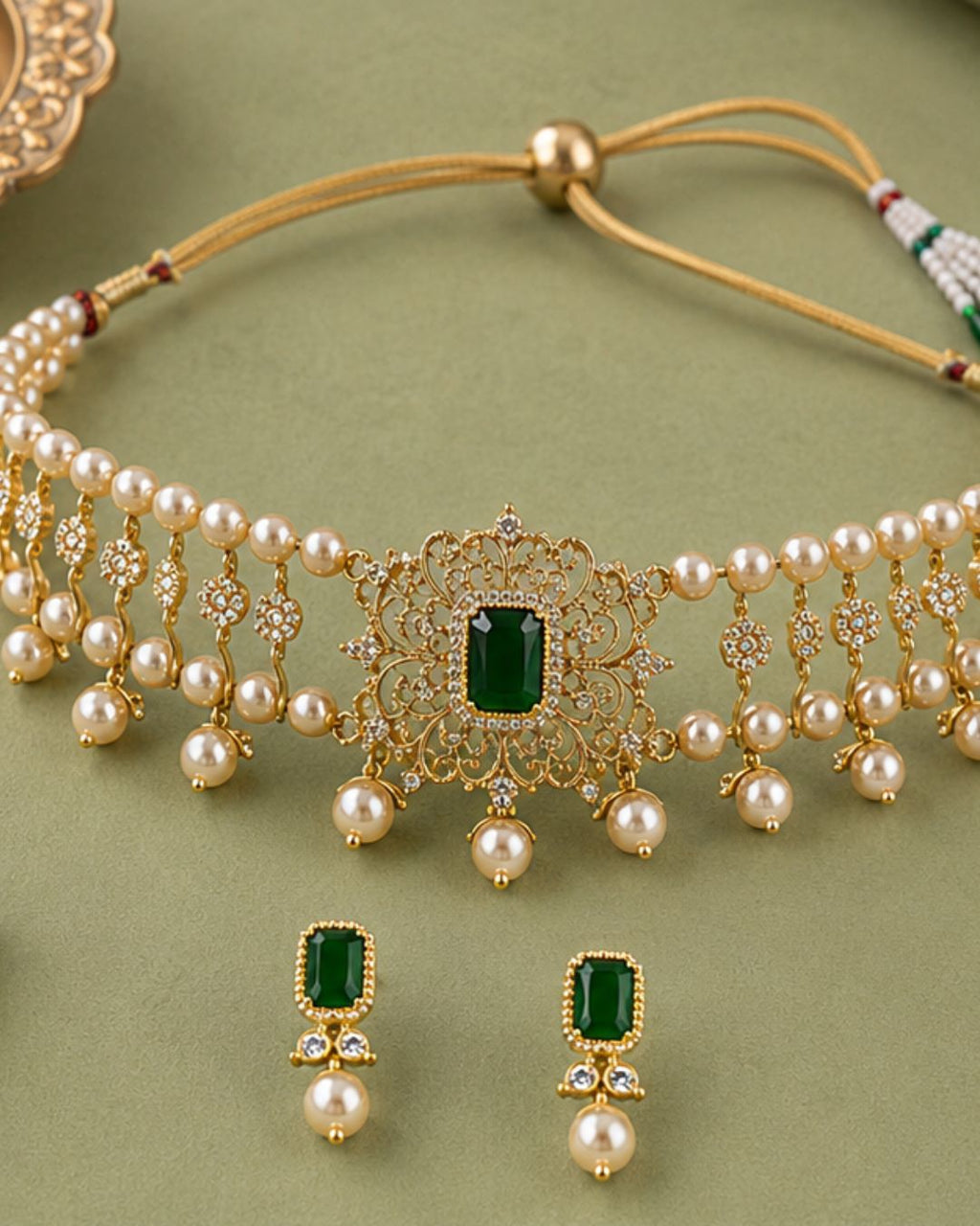 Rajwada Pearl Choker Set | CZ & Gemstone Bridal Necklace Set