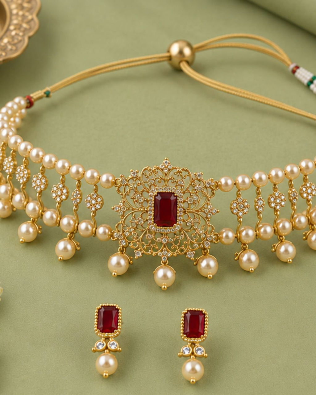 Rajwada Pearl Choker Set | CZ & Gemstone Bridal Necklace Set