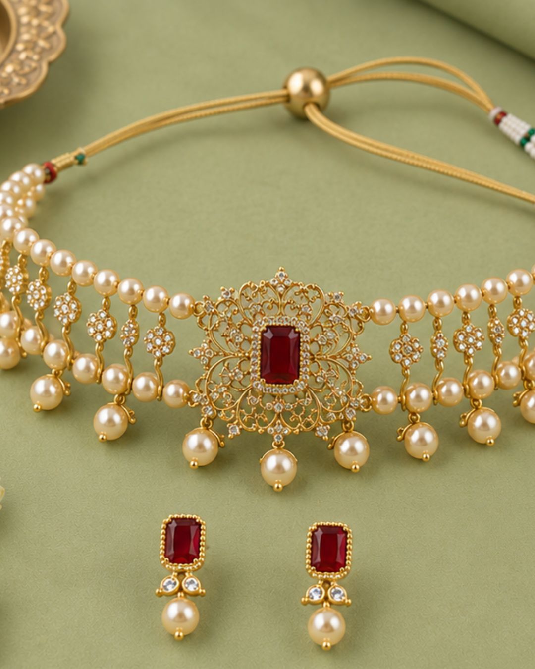 Rajwada Pearl Choker Set | CZ & Gemstone Bridal Necklace Set
