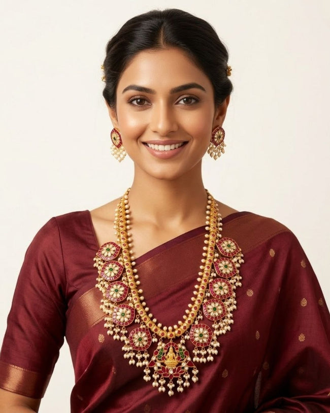 Padmavalli Lakshmi Bridal Haar Set | 18K Gold Plated Red, Green Guttapusalu & Pearl Drop Statement Jewellery Hover Image