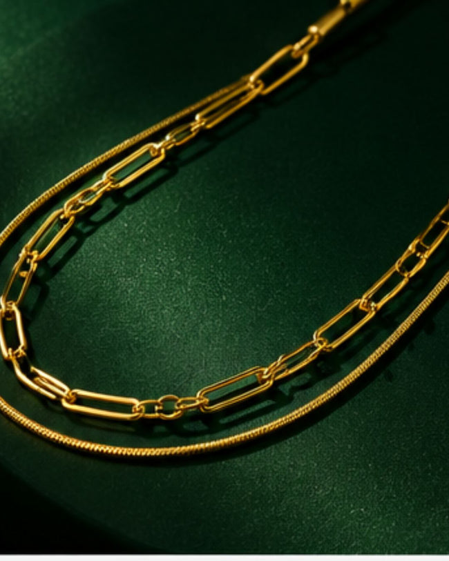 Dual Layer Chain Necklace | 18K Gold Plated Layered Snake & Link Chain Necklace Main Image