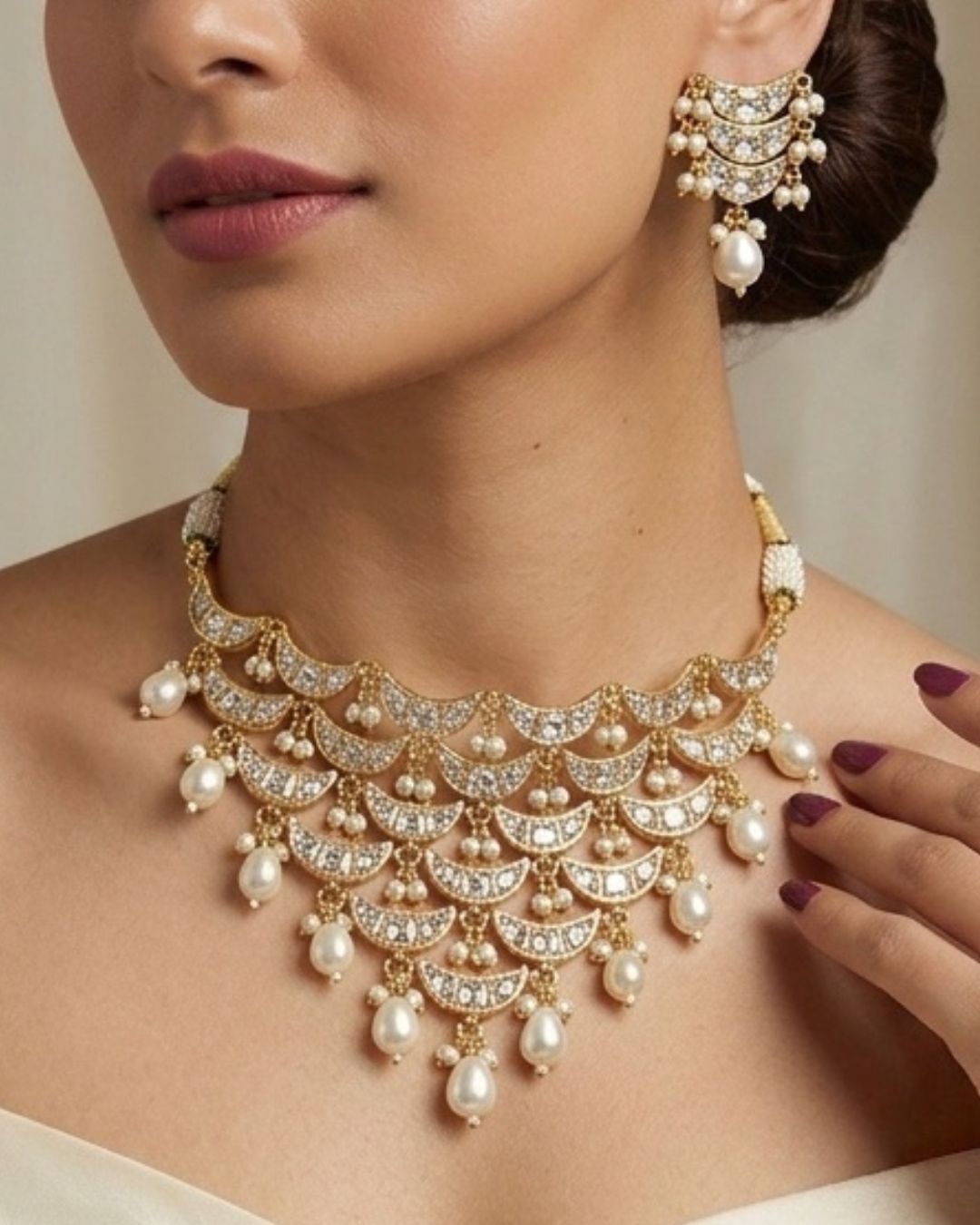 Noor Pearl Cascade Choker Set | CZ Bridal & Festive Jewellery (White/Red)