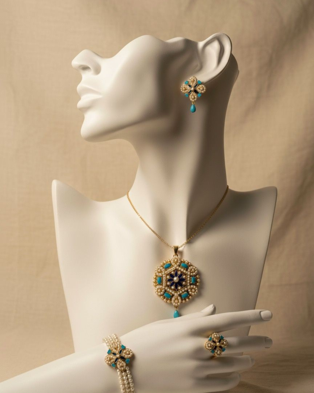 White Pearl Floral Jewellery Set | Gold-Plated Pendant, Earrings, Bracelet & Ring Festive Set