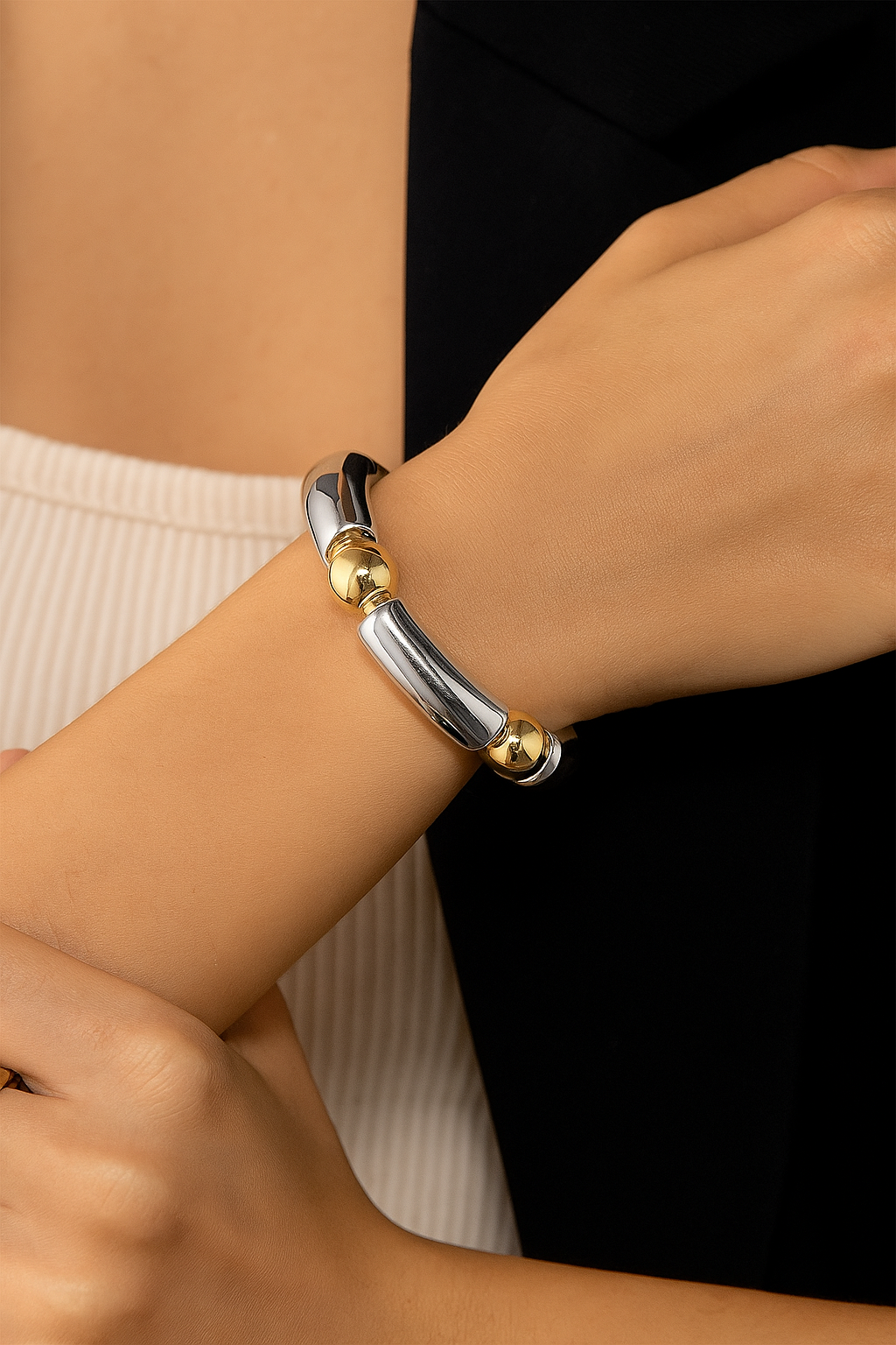 Premium Dual Tone Beaded Bracelet | 18K Gold Plated Anti-Tarnish Statement Bracelet
