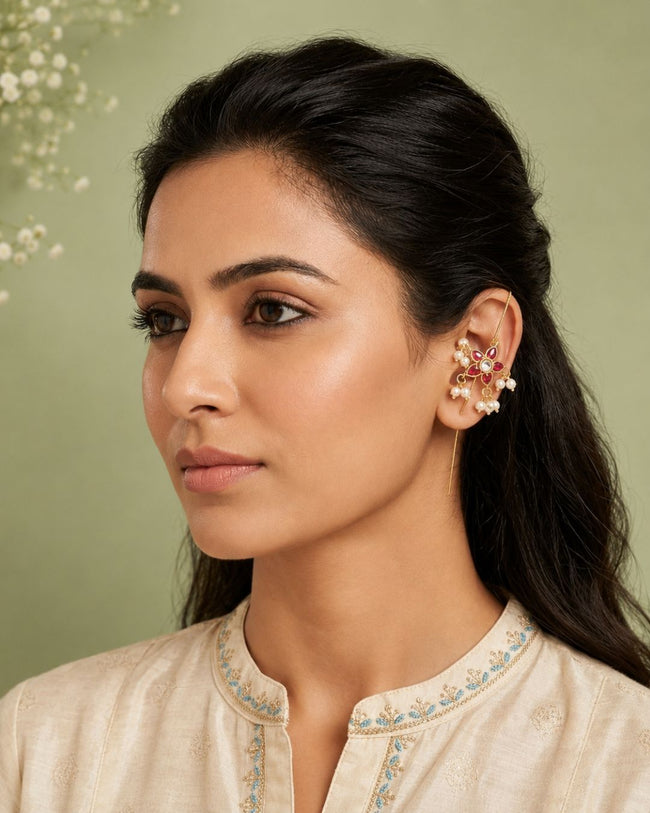 Pushpa Pearl Ear Cuff | Pearl Sui Dhaaga Earrings | 18K Gold Plated Jewellery Main Image