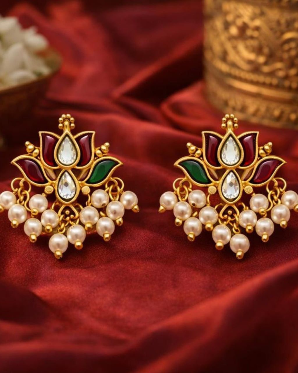 Padma Mini Lotus Kundan Pearl Stud Earrings | Delicate Lotus Kundan Studs | Traditional & Festive Jewellery