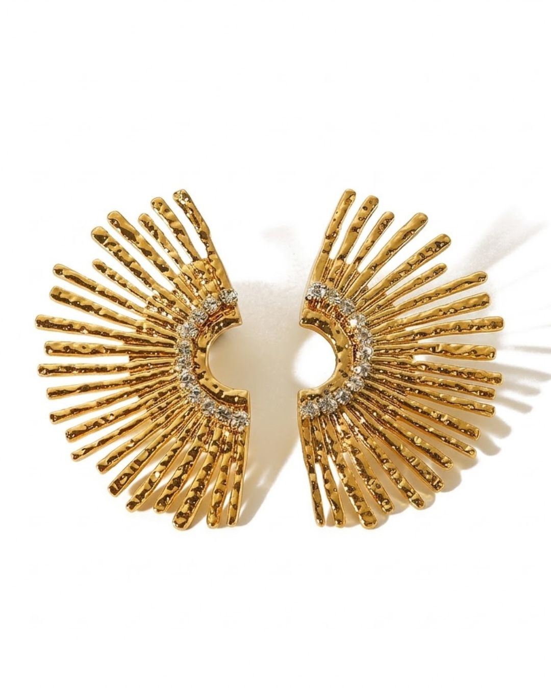 Retro Sun Rhinestone Earrings | White Stone Gold Plated Anti-Tarnish Statement Studs