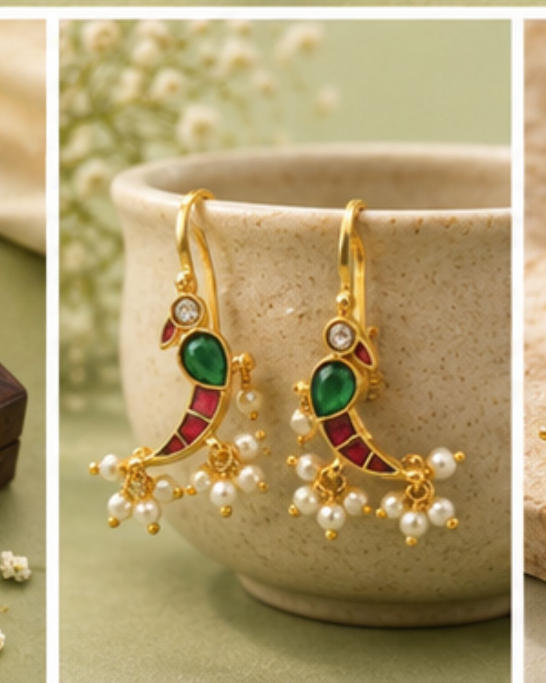 Mayura Green Red White Parrot Ear Cuff with Pearl Drops | Wear as Bugadi or Hair Pin Alloy Drops & Danglers, Cuff Earring