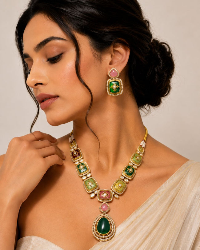 Rang Mahal Kundan Statement Necklace & Earrings Set | Women’s Multi-Color 18K Gold Plated Festive & Bridal Jewellery Main Image