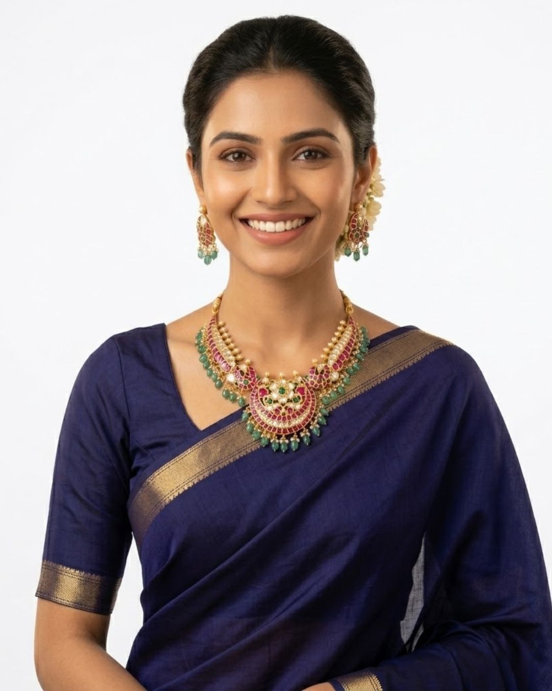 Morvaara Emerald Kundan Bridal Set | 18K Gold Plated Red, White & Green Stone Statement Jewellery