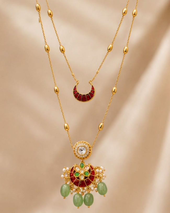 Noor Chand Kundan Necklace & Earrings Set | Women’s Multi-Color Double Layer 18K Gold Plated Festive Jewellery Main Image