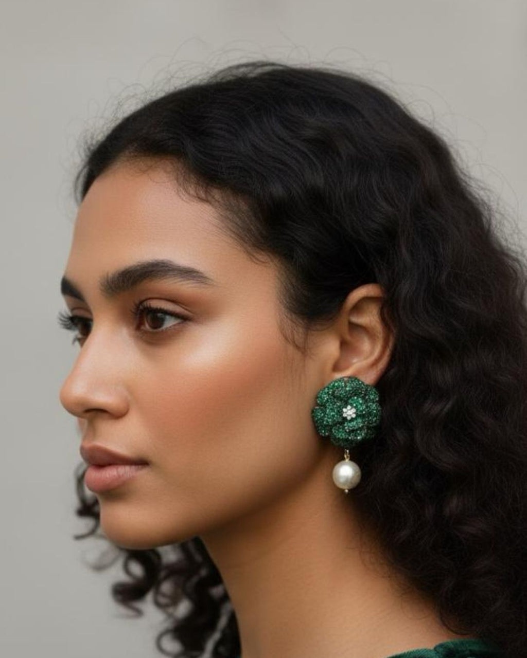 Green Stone Flower Pearl Drop Earrings | Floral Dangler Earrings for Women | 18K Gold Plated Jewellery