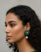 Green Stone Flower Pearl Drop Earrings | Floral Dangler Earrings for Women | 18K Gold Plated Jewellery
