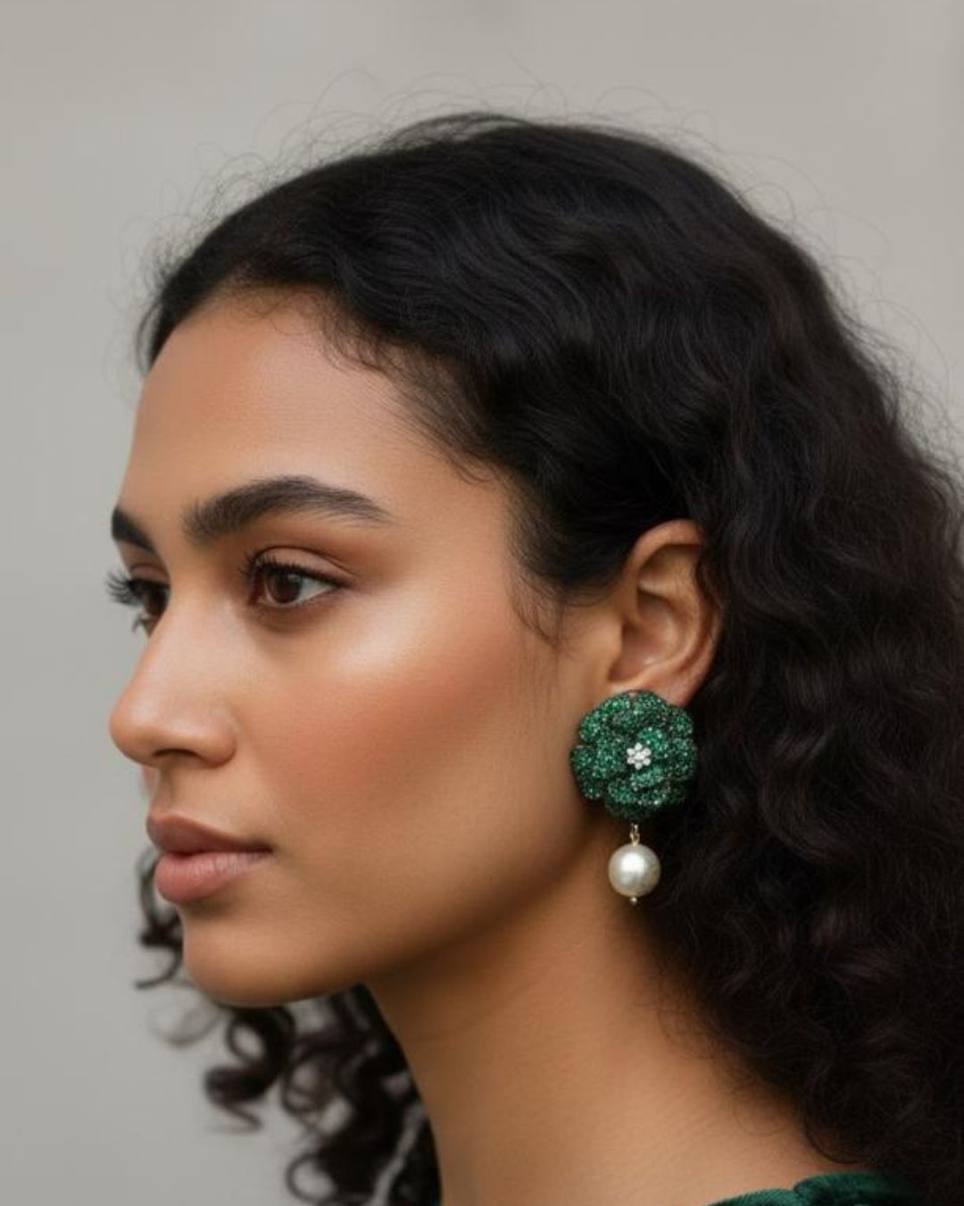 Green Stone Flower Pearl Drop Earrings | Floral Dangler Earrings for Women | 18K Gold Plated Jewellery