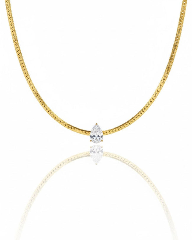 Solitaire Grace Necklace | Pear Solitaire Pendant Snake Chain | Anti-Tarnish Gold Plated Main Image